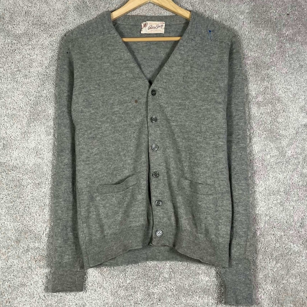 Vintage 70s Philip Scott Cardigan Sweater Mens M Gray 100% Lambswool Grandpa